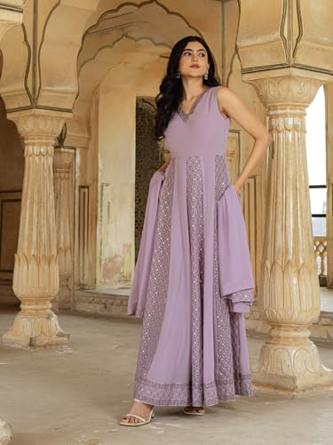 FUSIONIC Graceful Lavender Georgette Embroidered Gown with Flowing Dupatta for Festive Glamour