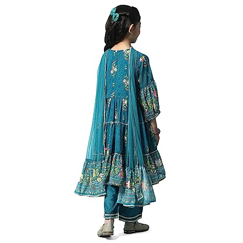 BIBA Girl's Cotton Printed Tired Kurta Kid (Kw5449_Teal_5, Salwar Suit Set)