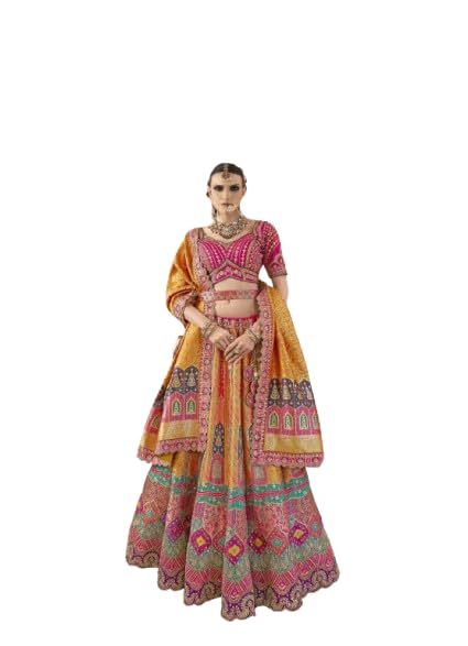 Traditional Bridal Lehenga Choli, Pink and Orange Multicoloured, Heavy Embroidered, with Designer Jewellery Set