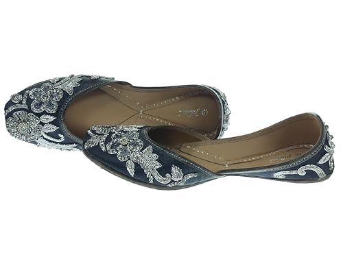 Fulkari Women Poppy Gunmetal Silver Soft Leather Embroidered Jutis | Bite and Pinch Free Jutti | Punjabi Formal Juttis | Girl's Wedding Flat Ladies Mojari | Formal Ethnic Juti | 41