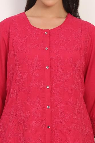 W for Woman Solid Embroidered Rayon Flax A-line Red Tunic and Straight Pants Co-ord Set (Size: XS)-WSST31085-603668