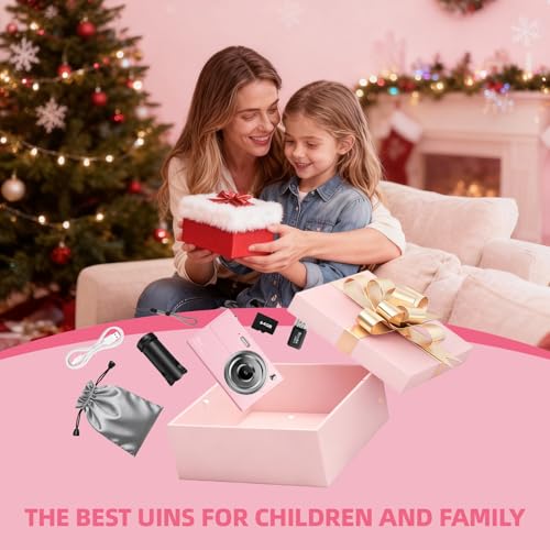 Digital Camera for Kids & Beginners, 4K Digital Camera with 64GB SD Card 16X Zoom Anti-Shake, Compact Point and Shoot Camera with 2.8" Screen, Portable Small Camera for Students, Travel & Gifts Pink