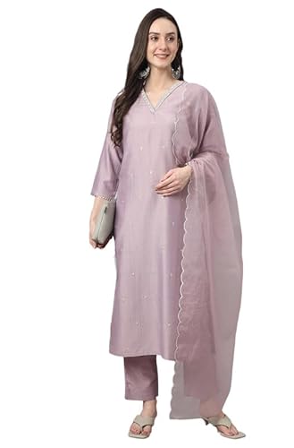 Janasya Women's Lavender Chinon Embellished Kurta with Pant and Dupatta(SET566-KR-NP-XL)