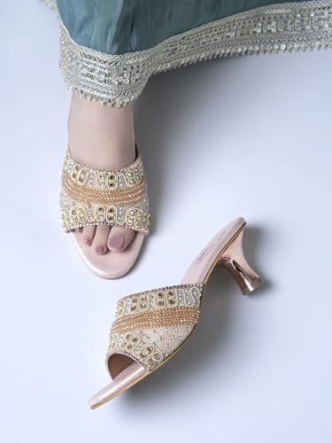 Shoetopia Women’s Rose-Gold Embellished Block Heel Sandals | Slip-On Party & Wedding Heels with Beaded Strap luxury footwear EU41