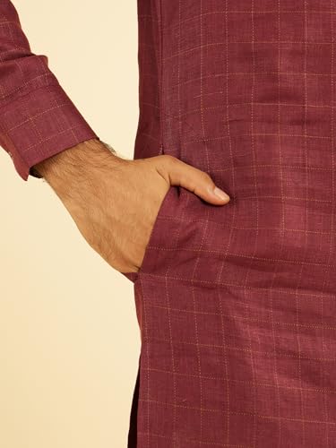 Manyavar Men's Linen Square Grid Printed Kurta (Wine,XXXL)