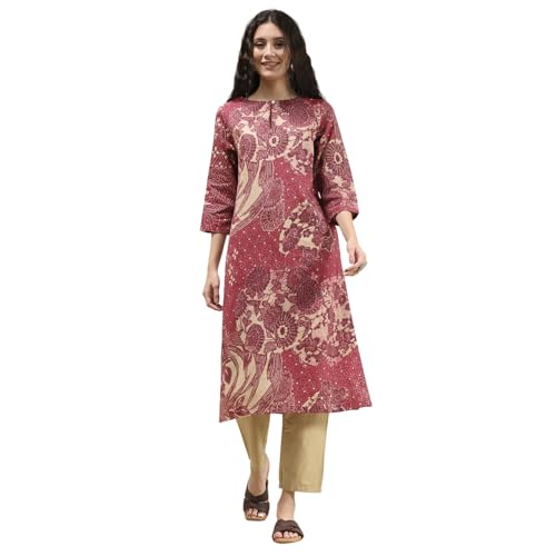 Biba Women's Cotton Printed Straight Kurta (ASRT30202AW25ONPN_Onion Pink