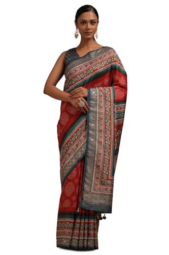 Soch Womens Red Dola Silk Kalamkari Saree With Stud Work