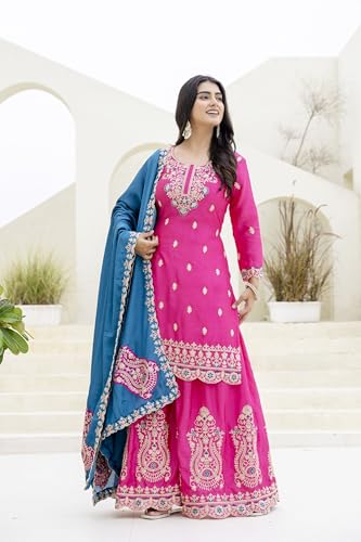 Leeli Peeri Designer Women's Chinon Silk Coding Sequence Embroidery Kurta Sharara Set With Dupatta
