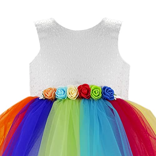 Stanwells Kids Baby Girls Knee Length Birthday Frocks Net Flared Ruffle Pattern Sleeveless Colourful Flower Frock Dress Embroidery Fancy Dress for Girls Birthday Gift for Daughter (Rainbow 5-6 Years)