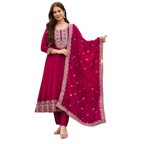 AVYUKTHA | Women Ethnic Motifs Embroidered Panelled Kurta with Trors & With Dupatta | Pink | Size- S