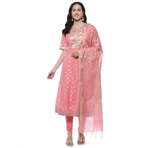 BIBA Women YARNDYED STRAIGHT KURTA SALWAR KURTA DUPATTA(SKDTHE GOLD WEAVE9620_BLUSH PNK_40)