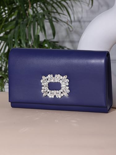 ZEVORA Women's Framed Foldover Clutch | Detachable Chain Sling Strap | Ladies Purse Wallet 08A Blue (22X14 CM)