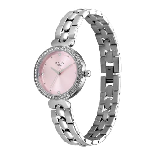 Titan Raga Showstopper 5.0 Quartz 3 Hands Round Pink Dial, Silver Strap Watch for Women - 95459SM01