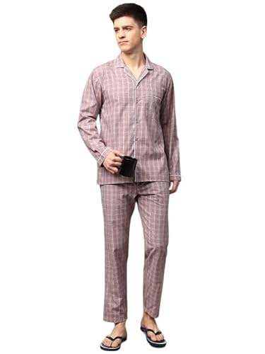 English Navy Men Checked Night Suit Mauve M, Machine Washable Easy Care Fabric, Soft Breathable Fabric for a restful Night, Gentle on Skin for All Night Comfort