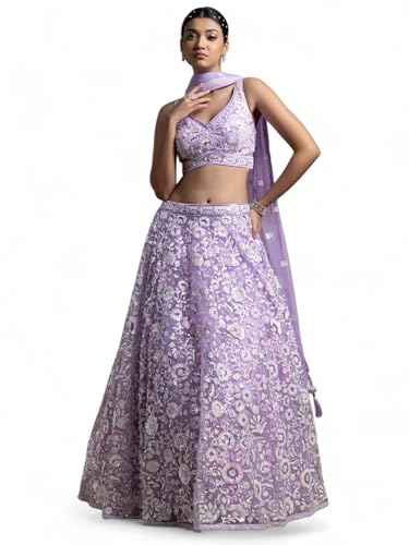 Zeel Clothing Women's Sequins Embroidered Soft Net Designer Lehenga Choli with Dupatta (5126-Lavender-Womens-Lehenga-Choli-Latest; Free Size) (Lavender)