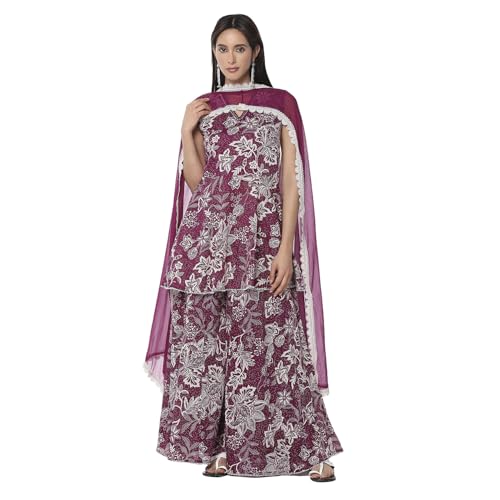 BIBA Women's Berry Purple Cotton Floral Peplum Suit Set