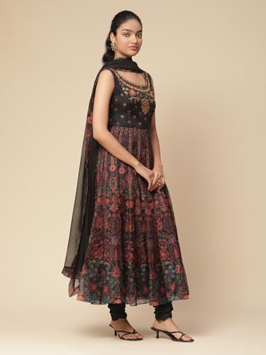 Aarke Ritu Kumar Black Floral Print Kurta With Churidar And Dupatta