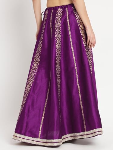 studio rasa Women's Dupion Hand Block Printed Embellished Bias Skirt for Festive Party Wedding (SKTC523RC01S_Purple_Small)