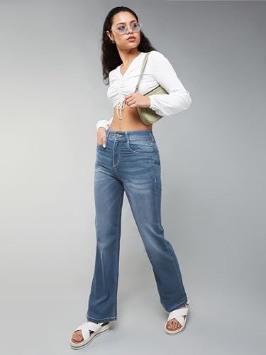 Miss Chase Women's Mom Fit High Rise Hand Painted Heavy Wash Stretchable Denim Jeans (MCSS18DEN02-19-386-28, Pastel Blue, 28)