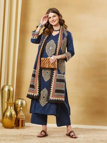 Divena Pink Ajrakh Print Cotton V-Neck Kurta Sets with Dupatta