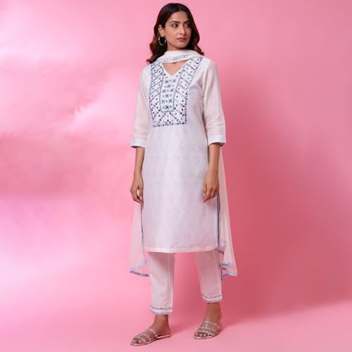 Biba Women Off White Cotton Blend Straight Kurta Pants Suit Set_44