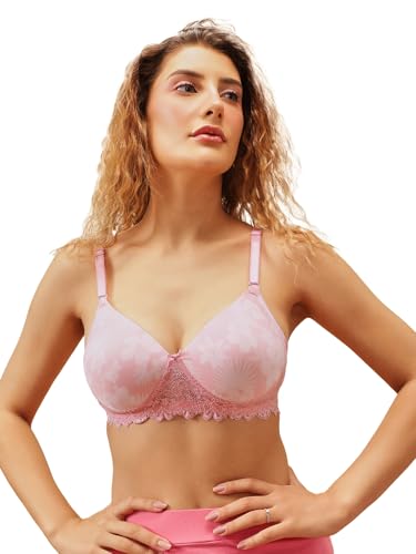 Clovia Women's Padded Non-Wired Full Coverage Floral Print Multiway T-Shirt Bra (BR1806H22_Pink_32B)