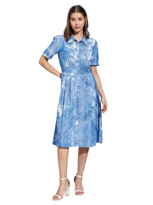 Latin Quarters Women Blue Collar Neck Half Sleeve Printed Shirt Dress_M