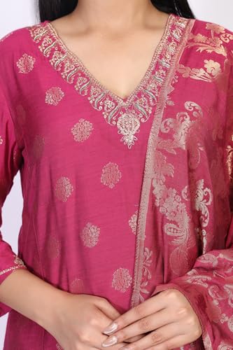 W for Woman Pink Ethnic Motifs Zari Embroidered A-Line Jacquard Kurta with Straight Pant and Dupatta Set (WS13239-314442-S)