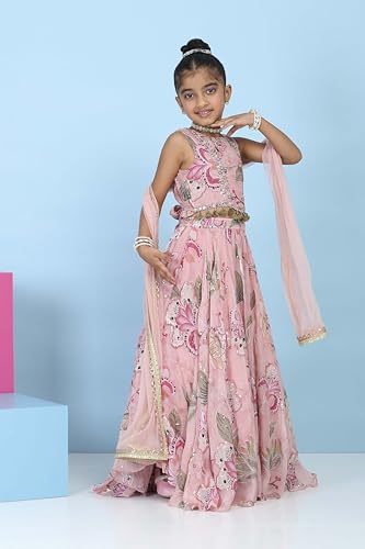 Biba Girls Pink Viscose Organza Printed Regular Lehenga Set_14-15Y