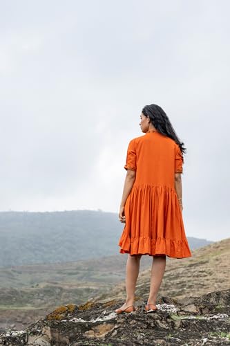 MIORAH Ethnic Dress for Women and Girls, Western Slub Cotton V Neck One-Piece for Women’s, Stylish Oversized Half Sleeve Midi Dress, Hand Embroidery with Metal Sequins (Colour- Orange, Size- 3XL)