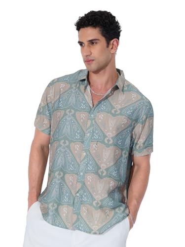 The Souled Store Holiday Shirt: Indie Men and Boys Short Sleeves Collared Neck Button Front Blue All Over Printed Cotton Blend Regular Fit Holiday Shirts