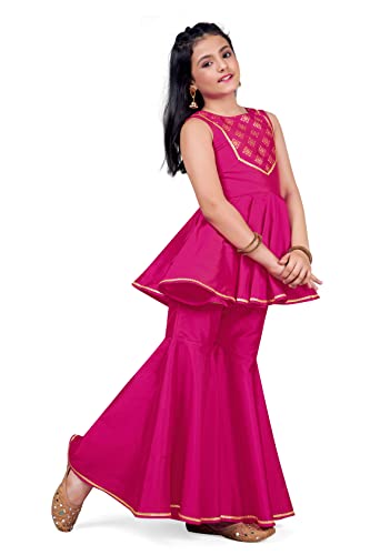 Fashion Dream Girl's Silk Blend Top With Sharara Set (FDGSET00028 PNK 36_Pink_11 Years-12 Years)