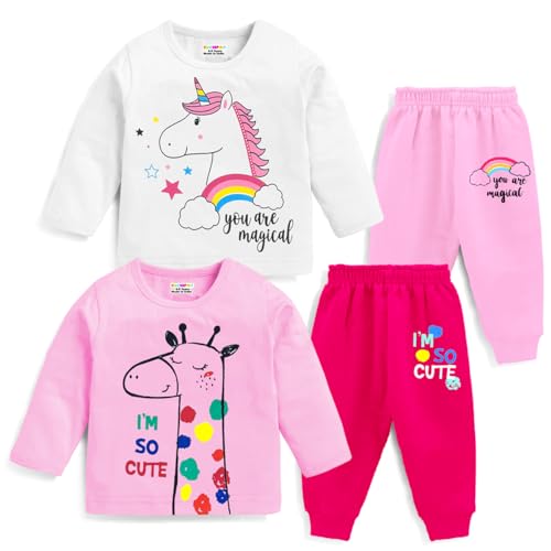 Kuchipoo Baby Girl Regular Fit Cotton Printed T-Shirts and Pyjamas Set (KUC-PSUT-123, 6-7 Years, Multi-Colored)