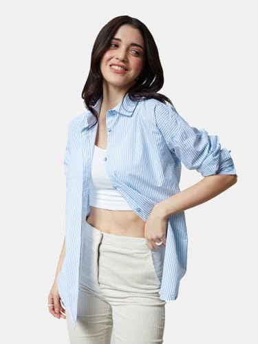 The Souled Store| Solids: Blue Stripes Womens and Girls Shirts|Full Sleeve|Loose fit Solid Stripes|100% Cotton Blue Color Women Boyfriend Shirts Women Boyfriend Shirts Fashionable Trendy Graphic