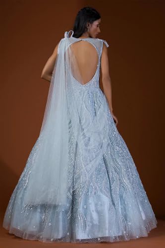 Woman's Light Blue Sequins Embroidered Net Reception Gown