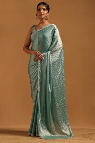 Soch Womens Powder Blue Fendy Organza Embellished Saree With Stone Work