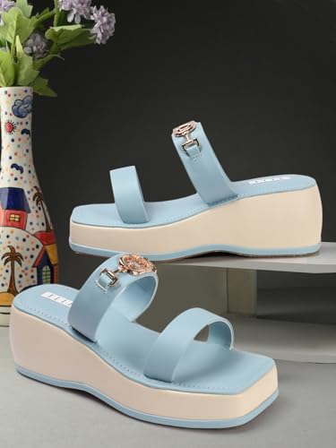 ELLE Women Wedge Heel Sandal, Sky Blue, UK-4