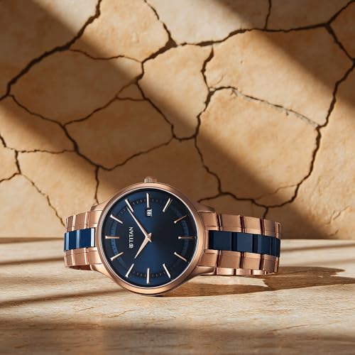 Titan Slim Ceramic Fusion Quartz Analog with Date Blue Dial Stainless Steel Strap Watch for Men
