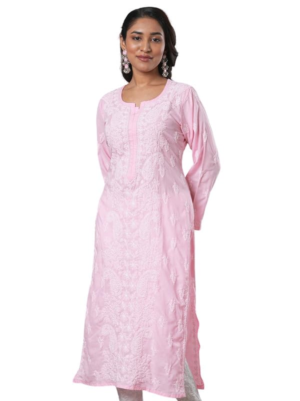 Ada Hand Embroidered Lucknowi Chikankari Cotton Straight Kurta Kurti for Women A411680 Pink (2XL)