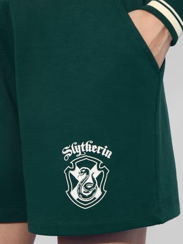The Souled Store Harry Potter: Slytherin Prefect Women and Girls Elasticated Green Graphic Printed Regular Fit Above The Knee Cotton Lounge Shorts