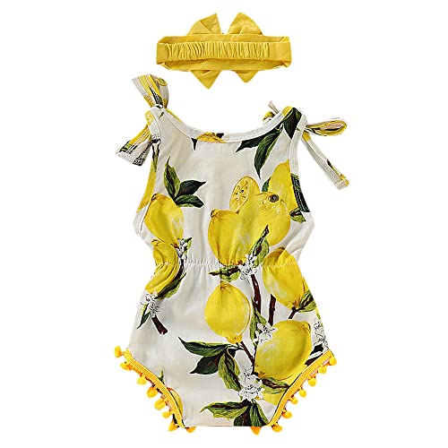 Hopscotch Baby Girls Cotton Lemon Print Sleeveless Onesie with Headband in Yellow Color for Ages 6-9 Months