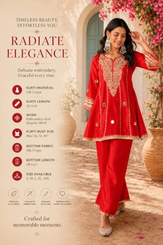 Women's Silk Crepe Kurta Set With Pant, Mirror Work