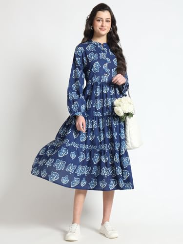 Divena Blue Floral Print Cotton Fabric Flared Dress