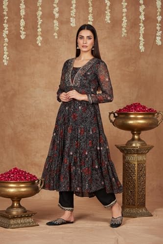 W for Woman Black Floral Printed Chiffon Flared Kurta with Straight Pant and Dupatta Set (WS13197-126216-L)