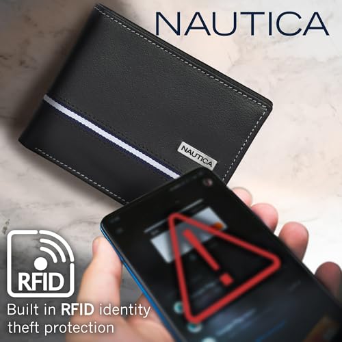 Nautica Men's Leather Logo Plate Brown Bifold Wallet, One Size