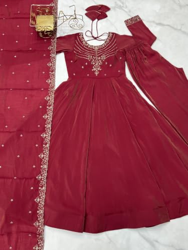 Leeli Peeri Designer Women's Chanderi Silk Embroidery Work Anarkali Kurta Set With Dupatta.