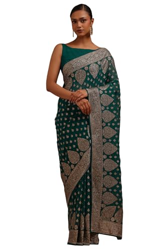 Soch Womens Turquoise Blue Georgette Embroidered Saree With Stone Work