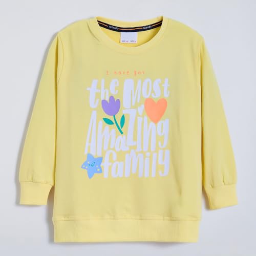 Hopscotch Girls Yellow Full Sleeves 2-Pc Typographic Cargo Jogger Set For Age (5-6 Years)