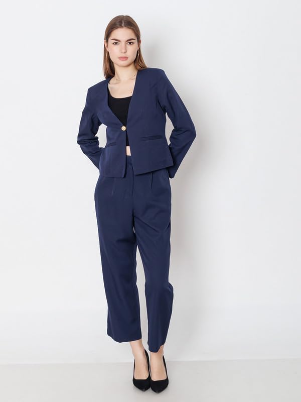Zink London Women's Navy Blue Solid Fitted Blazer