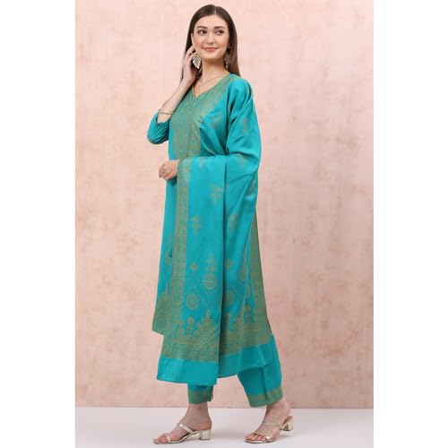 Rangriti Women Polyester Blend Yarndyed Suit Set (RSKWINTERW17223_Turquoise_M)